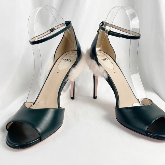 Fendi Mink Fur Trimmed Open Toe Leather Heels Green EU 39 - Picture 9 of 11